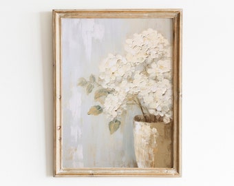 White Hydrangeas Muted Vintage Print | Farmhouse Wall Decor | Botanical Wall Art | Living Room Art | Digital Download PRINTABLE Vintage Art