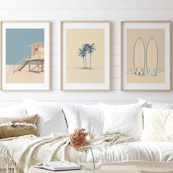 Set of 3 Surf Wall Art Prints | Vintage Palm Tree Art | Minimalist Beach House Decor | Digital Download PRINTABLE Sea and Surf Wall Art