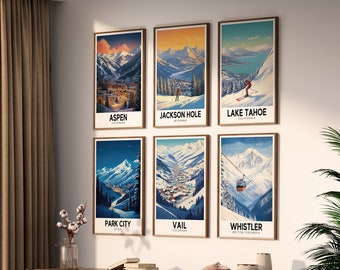 6 poster di viaggio retrò di località sciistiche nordamericane / Arte murale di montagna / Poster vintage / Arte murale di sci / Download digitale STAMPABILE Arte murale