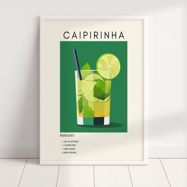 Caipirinha Retro Cocktail Print | Minimalist Classic Cocktails | Bar Cart Prints | Alcohol Print | Digital Download PRINTABLE Bar Cart Art