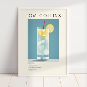 Tom Collins Retro Cocktail Print | Minimalist Classic Cocktails | Bar Cart Prints | Alcohol Print | Digital Download PRINTABLE Bar Cart Art
