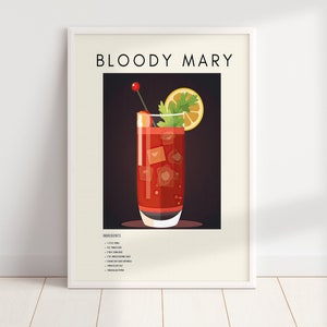 Bloody Mary Retro Cocktail Print | Minimalist Classic Cocktails | Bar Cart Prints | Alcohol Print | Digital Download PRINTABLE Bar Cart Art