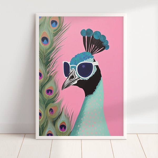 Pfau Mit Sonnenbrille Wand Kunstdruck | Retro Vogel Drucke | Modernes Pastell Vogel Dekor | Digitaler Download DRUCKBARE Vogel Wandkunst