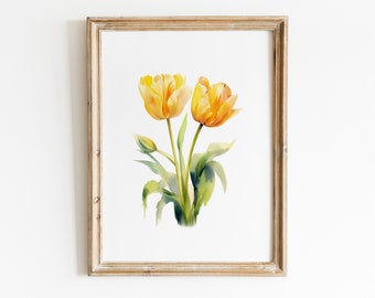 Yellow Tulip Watercolor Print | Minimalist Botanical Wall Art | Colorful Floral Wall Decor | Digital Download PRINTABLE Flower Wall Art