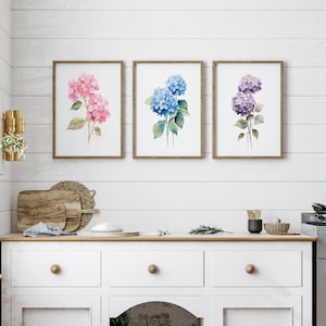 Set Of 3 Watercolor Hydrangea Prints | Minimalist Colorful Wall Decor | Botanical Wall Art | Digital Download PRINTABLE Floral Prints