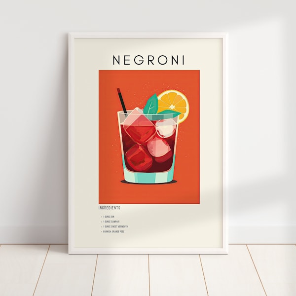 Negroni Cocktail Print | Red Minimalist Retro Digital Art | Bar Cart Decor | Digital Download PRINTABLE Wall Art