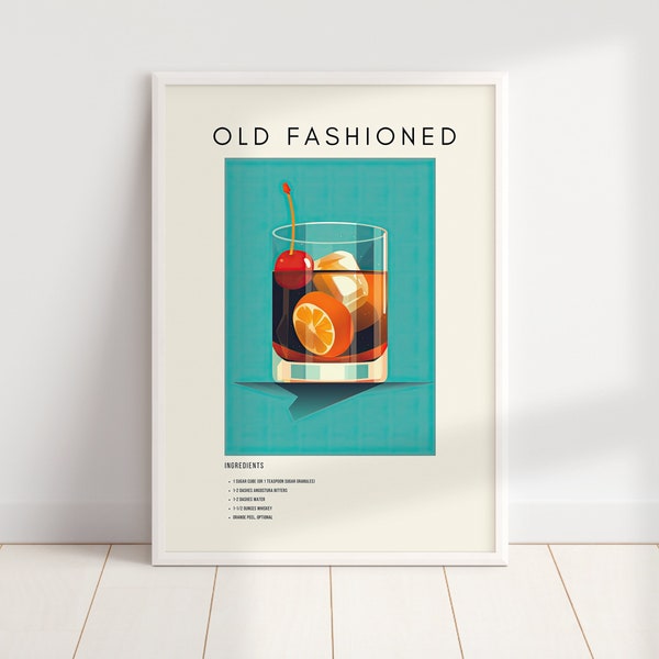 Old Fashioned Cocktail Print | Blue Minimalist Retro Digital Art | Bar Cart Decor | Digital Download PRINTABLE Wall Art