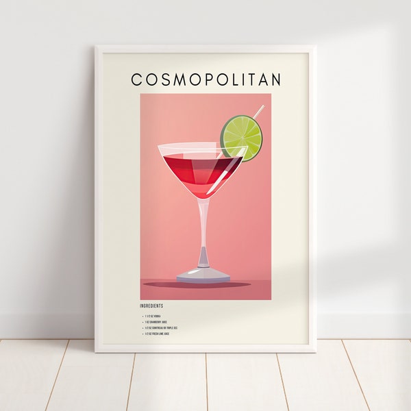 Cosmopolitan Cocktail Print | Classic Cocktail Wall Art | Minimalist Alcohol Prints | Bar Cart Decor | Digital Download PRINTABLE Bar Art