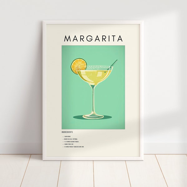 Margarita Cocktail Print | Green Minimalist Retro Digital Art | Bar Cart Decor | Digital Download PRINTABLE Wall Art