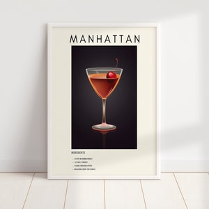 Impresión de cócteles de Manhattan / Arte mural de cócteles clásicos / Impresiones minimalistas de alcohol / Decoración de carrito de bar / Descarga digital Arte de carrito de bar IMPRIMIBLE