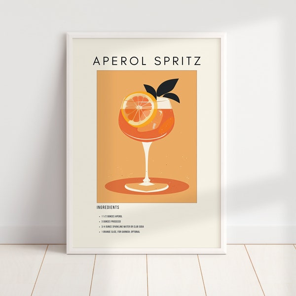 Aperol Spritz Cocktail Print | Orange Minimalist Retro Digital Art | Bar Cart Decor | Digital Download PRINTABLE Wall Art