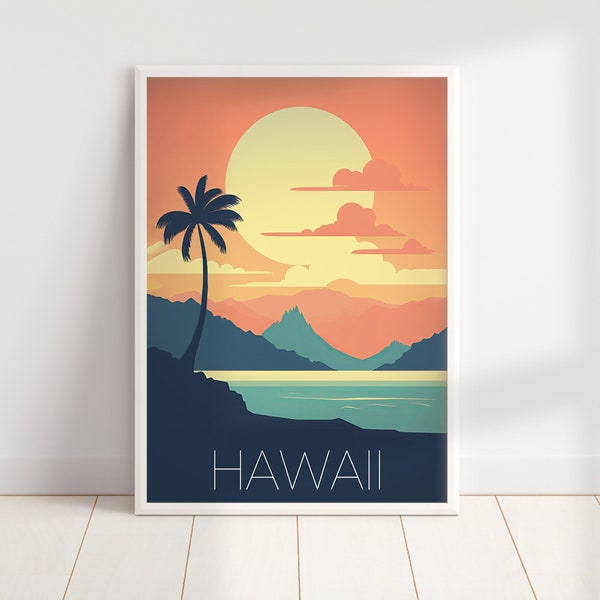 Retro Hawaii Travel Poster | Minimalist Retro Wall Art | Colorful Modern Travel Print | Hawaii Gifts | Digital Download PRINTABLE Travel Art