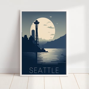 Retro Washington Reise Poster | Minimalistische Retro Wandkunst | Bunter moderner Aquarell-Seattle-Druck | Rokoko Geschenke | Digitaler Download DRUCKBARE Kunst