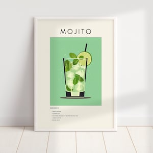 Impresión de cóctel mojito / Arte digital retro minimalista verde / Decoración de carrito de bar / Arte de pared imprimible con descarga digital