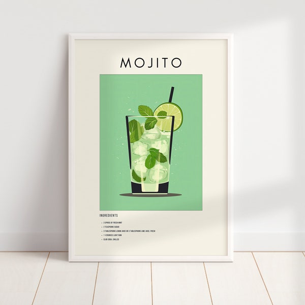 Mojito Cocktail Print | Green Minimalist Retro Digital Art | Bar Cart Decor | Digital Download PRINTABLE Wall Art