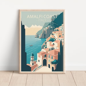 Amalfi Coast Travel Poster Wall Art | Blue and Beige Retro Vintage Digital Art | Italy Art Print | Digital Download PRINTABLE Wall Art