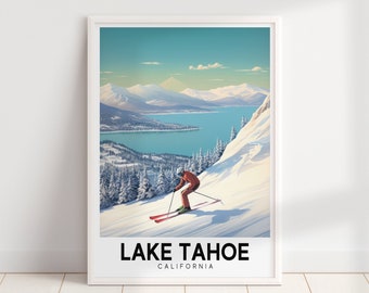 Poster di viaggio della stazione sciistica di Lake Tahoe / Arte della parete di montagna / Arredamento della cabina / Poster vintage / Arte della parete dello sci / Download digitale Arte della parete STAMPABILE
