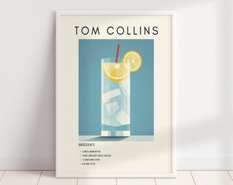 Tom Collins Retro Cocktail Print | Minimalist Classic Cocktails | Bar Cart Prints | Alcohol Print | Digital Download PRINTABLE Bar Cart Art