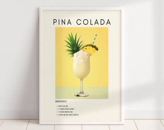Pina Colada Retro Cocktail Print | Minimalist Classic Cocktails | Bar Cart Prints | Alcohol Print | Digital Download PRINTABLE Bar Cart Art