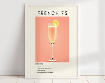 French 75 Retro Cocktail Print | Minimalist Classic Cocktails | Bar Cart Prints | Alcohol Print | Digital Download PRINTABLE Bar Cart Art