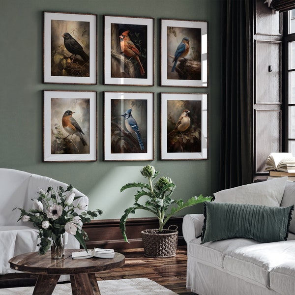 Set Of 6 Vintage Bird Prints | Antique Gallery Wall Set | Moody Vintage Decor | Living Room Art | Digital Download PRINTABLE Oil Painting