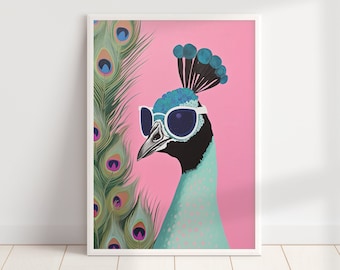 Pfau Mit Sonnenbrille Wand Kunstdruck | Retro Vogel Drucke | Modernes Pastell Vogel Dekor | Digitaler Download DRUCKBARE Vogel Wandkunst