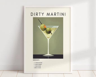 Dirty Martini Retro Cocktail Print | Minimalist Classic Cocktails | Bar Cart Print | Alcohol Print | Digital Download PRINTABLE Bar Cart Art