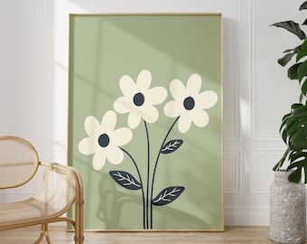 Boho Sage Green Daisies Print | Botanical Art | Cream and Green Wall Art | Pastel Art | Sage Green Art | Digital Download PRINTABLE Wall Art