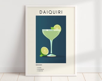 Daiquiri Cocktail Print | Classic Cocktail Wall Art | Minimalist Alcohol Prints | Bar Cart Decor | Digital Download PRINTABLE Bar Cart Art