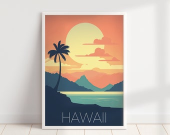 Retro Hawaii Reise Poster | Minimalistische Retro Wandkunst | Bunter Moderner Reisedruck | Hawaii Geschenke | Digitaler Download DRUCKBARE Reisekunst