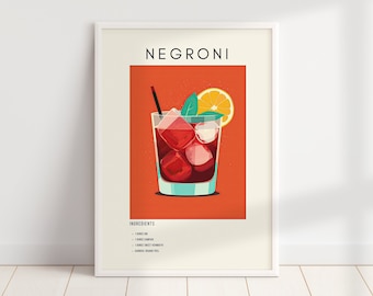 Negroni Cocktail Print | Red Minimalist Retro Digital Art | Bar Cart Decor | Digital Download PRINTABLE Wall Art