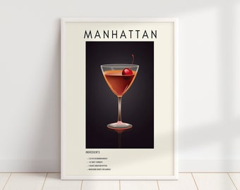 Manhattan Cocktail Print | Classic Cocktail Wall Art | Minimalist Alcohol Prints | Bar Cart Decor | Digital Download PRINTABLE Bar Cart Art