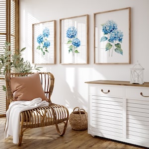 Lot de 3 impressions d'hortensias aquarelles bleus | Décoration murale colorée minimaliste | Art mural botanique | Impressions florales imprimables en téléchargement numérique