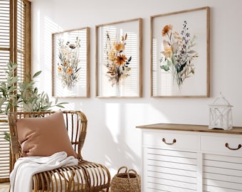 Set di 3 stampe di fiori selvatici acquerello neutro / Decorazione murale Boho minimalista / Arte murale botanica / Download digitale Stampe floreali STAMPABILI