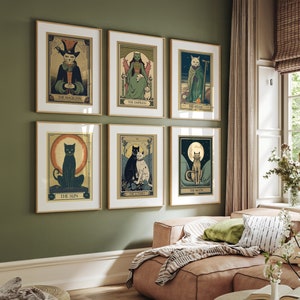Lot de 6 tirages de cartes de tarot chat | Art mural sorcière bohème | Art mural chat | Cadeaux pour amoureux des chats du tarot | Posters de cartes de tarot imprimables en téléchargement numérique