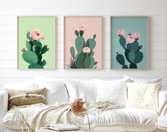 Set Of 3 Boho Cactus Wall Art Prints | Colorful Minimalist Cactus Decor | Botanical Desert Wall Art | Digital Download PRINTABLE Plant Art