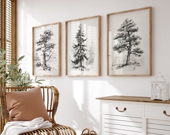 3 croquis d'arbres rustiques | Art mural minimaliste | Impressions botaniques | Art mural d’arbre | Art mural forestier | Téléchargement numérique PRINTABLE Wall Art