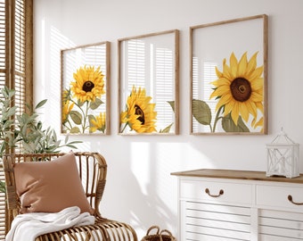 Sunflowers Wall Art Triptych | Botanical Print Set | Living Room Wall Art | Flower Illustrations | Digital Download PRINTABLE Floral Art