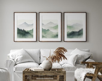 Sage Green Mountain Wall Art Triptych | Abstract Modern Wall Decor | Nature Wall Art | Digital Download PRINTABLE Watercolor Wall Art Prints