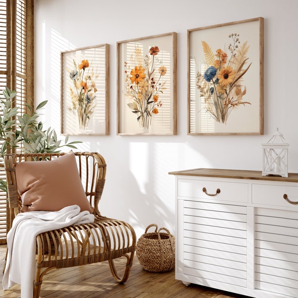 3 Vintage Gepresste Wildblumen Drucke | Rustikale Bauernhaus Kunst | Blumen Kunst | Ästhetische Wandkunst | Digitaler Download DRUCKBARE Galerie-Wand-Set