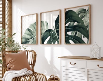 Monstera Wall Art Triptych | Botanical Print Set | Living Room Wall Art | Plant Illustrations | Digital Download PRINTABLE Tropical Art