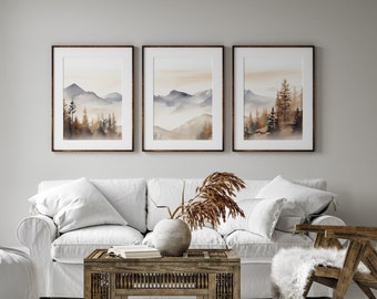 Neutral Mountain Wall Art Triptych | Abstract Modern Wall Decor | Nature Wall Art | Digital Download PRINTABLE Watercolor Wall Art Prints