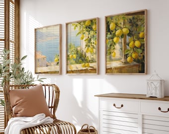 View of Amalfi With Lemons Triptych | Rustic Farmhouse Art | Aesthetic Room Decor | Italy Wall Art | Digital Download PRINTABLE Citrus Art