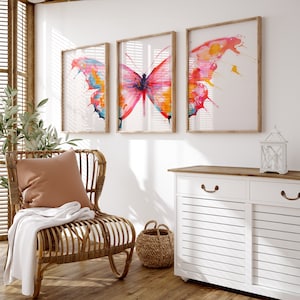 Preppy Pink And Orange Butterfly Triptych | Trendy Art | Butterfly Prints | Aesthetic Room Decor | Digital Download PRINTABLE Wall Art