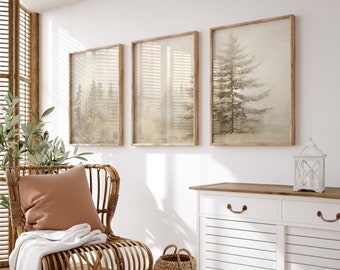 Triptyque d'art mural sapin neutre | Décoration murale de ferme | Art mural forêt | Art de salon | Téléchargement numérique PRINTABLE vintage Art