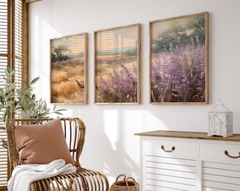 Lavender Field Wall Art Triptych | Rustic Farmhouse Art | Landscape Art | Aesthetic Wall Art | Digital Download PRINTABLE Vintage Decor