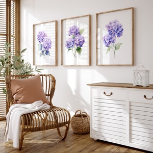3er-Set Lila Hortensien-Wasserfarben-Drucke | Minimalistische bunte Wanddekoration | Botanische Wandkunst | Digital Download DRUCKBARE Blumendrucke