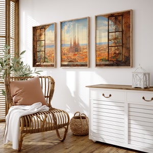 View of Barcelona Vintage City Art Triptych | Printable Wall Art | Digital Art | Barcelona Art Print | Digital Download PRINTABLE City Art