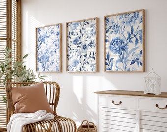 3 imprimés chinoiserie à motif floral bleu | Décor botanique bleu et blanc | Art mural chinoiserie | Téléchargement numérique PRINTABLE Wall Art