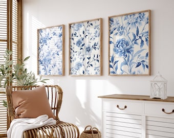 3 imprimés chinoiserie à motif floral bleu | Décor botanique bleu et blanc | Art mural chinoiserie | Téléchargement numérique PRINTABLE Wall Art